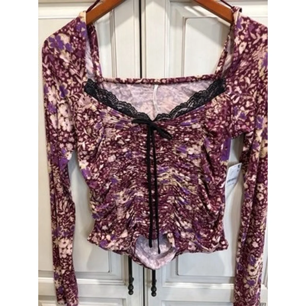 Free People Later it on Me Purple Floral Crop Top M